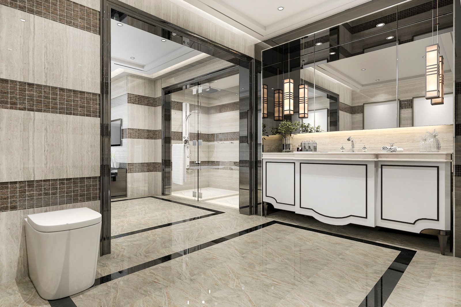 3d rendering modern loft bathroom with luxury tile decor scaled