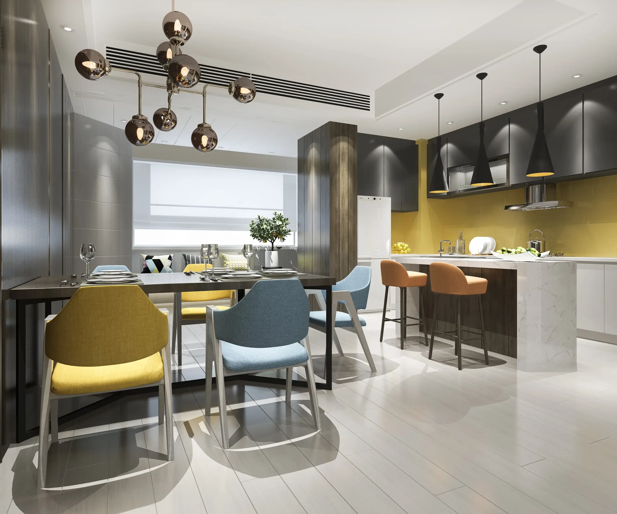 3d rendering scandinavian vintage kitchen with dining table colorful chair1 scaled